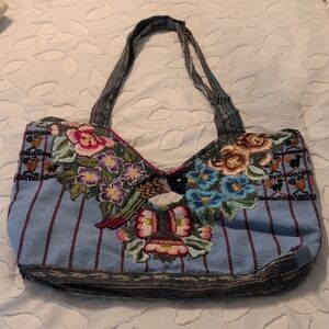 Floral Embroidered Blue Tote Bag